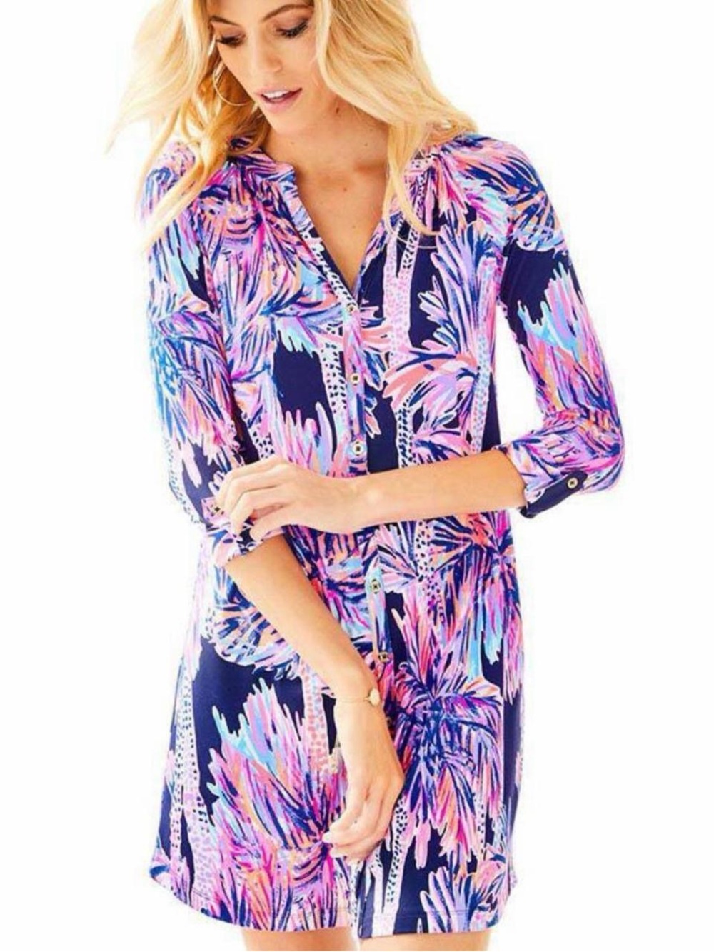 Lilly Pulitzer Bailor Dress Medium Bright Navy Palms Up Tropical Resort Dress